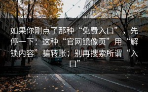 如果你刚点了那种“免费入口”，先停一下：这种“官网镜像页”用“解锁内容”骗转账；别再搜索所谓“入口”