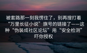 被套路那一刻我愣住了，别再搜打着“万里长征小说”旗号的链接了——这种“伪装成社区论坛”用“安全检测”吓你授权