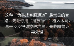 这种“伪装成客服通道”最常见的套路：先让你用“播放插件”植入木马，再一步步把你拉进坑里；先截图留证再处理