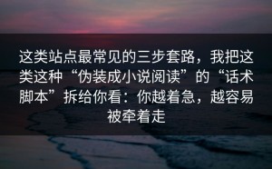 这类站点最常见的三步套路，我把这类这种“伪装成小说阅读”的“话术脚本”拆给你看：你越着急，越容易被牵着走